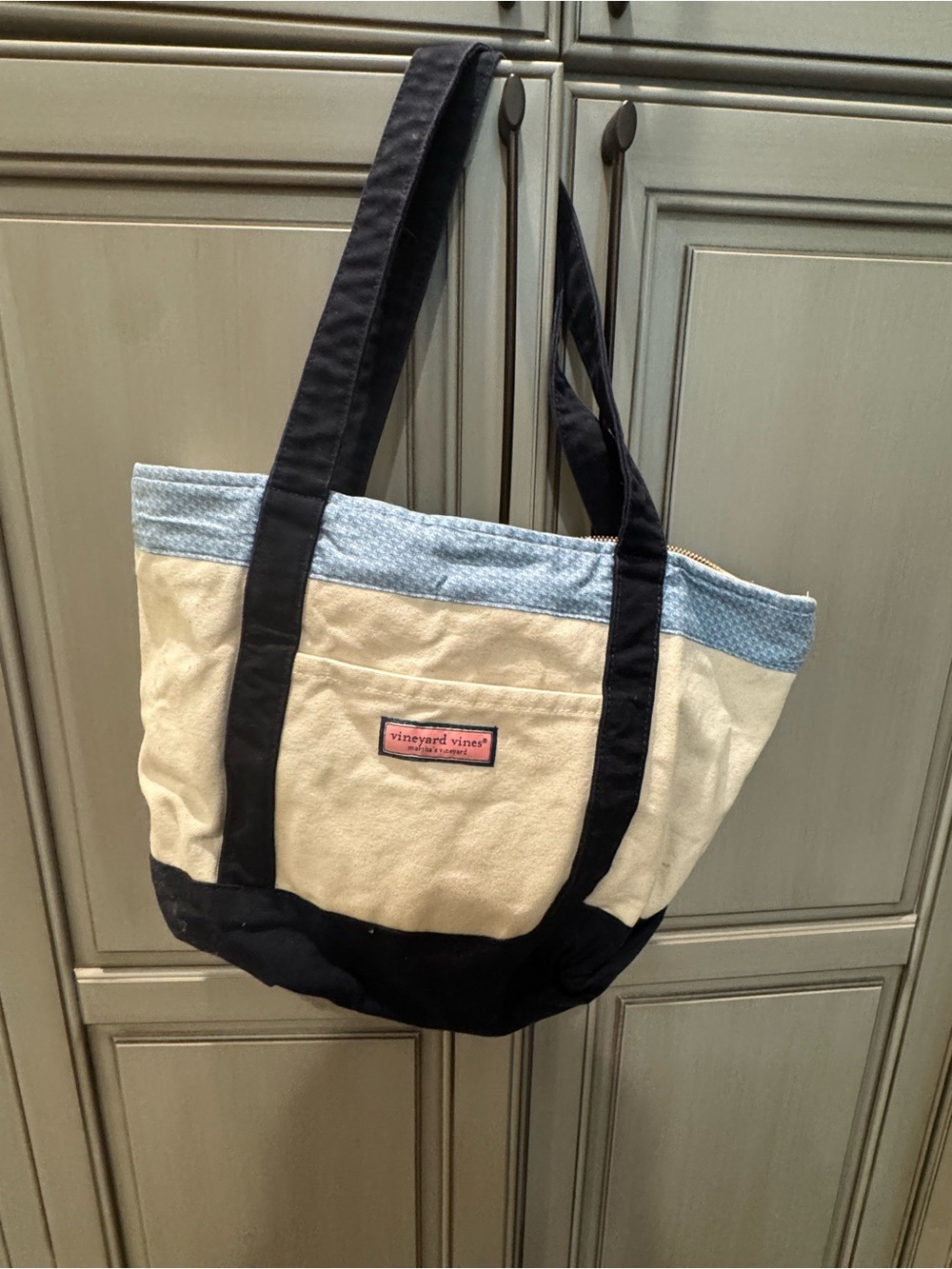 Vineyard Vines Canvas Tote in Cream, Black and Light Blue